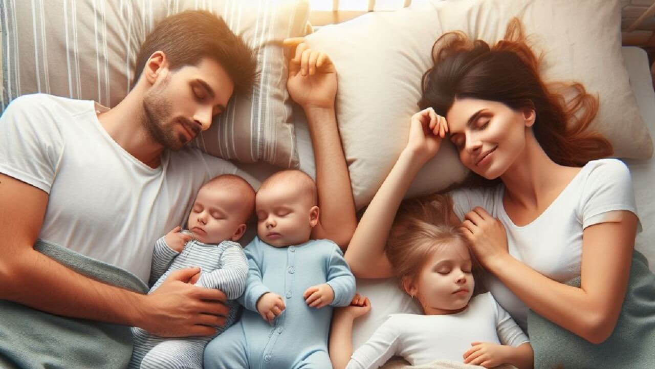 une famille dans un grand lit, avec un jeune coupe, des bébés jumeaux et une petite fille 