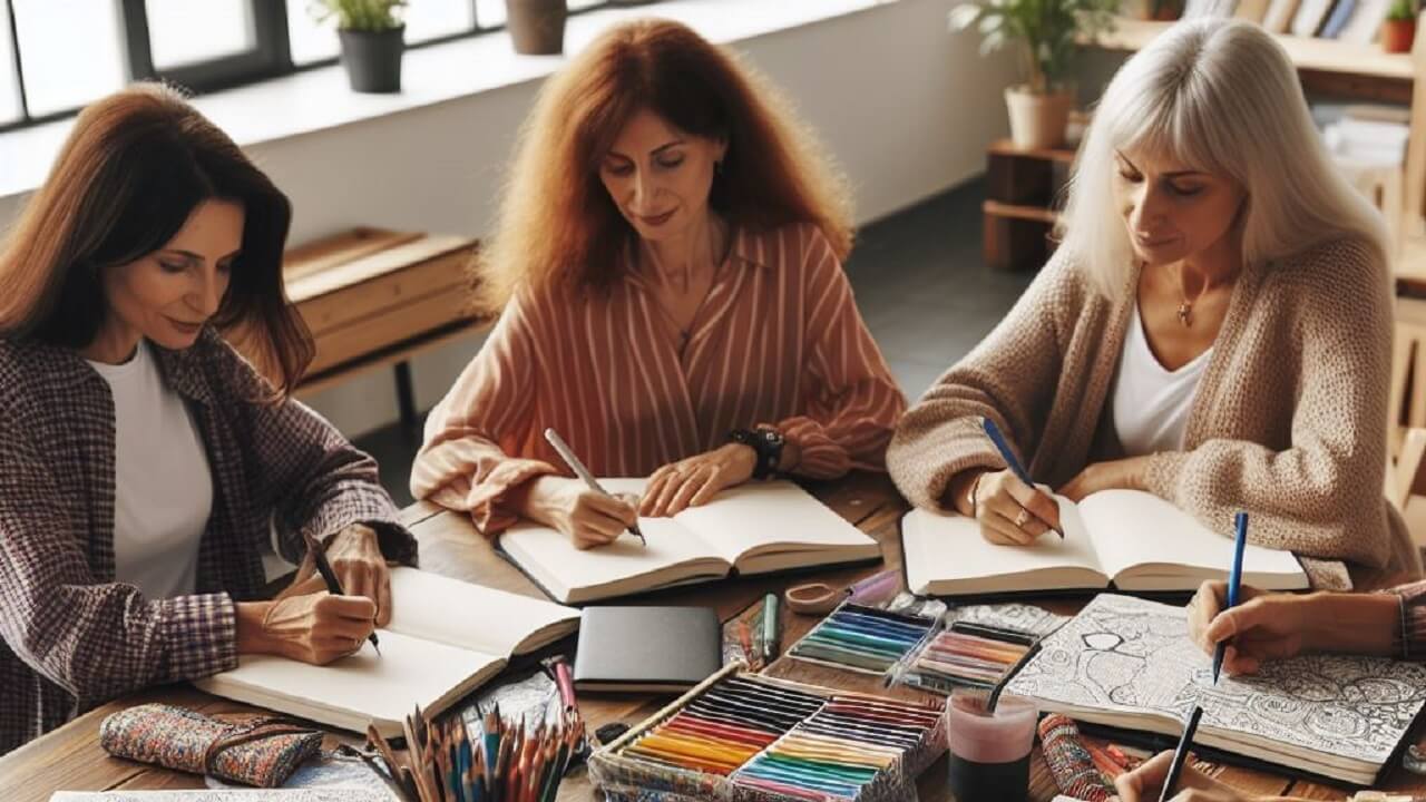 4 femmes autour d'une table, elles dessinent, colorient pour créer un bullet journal