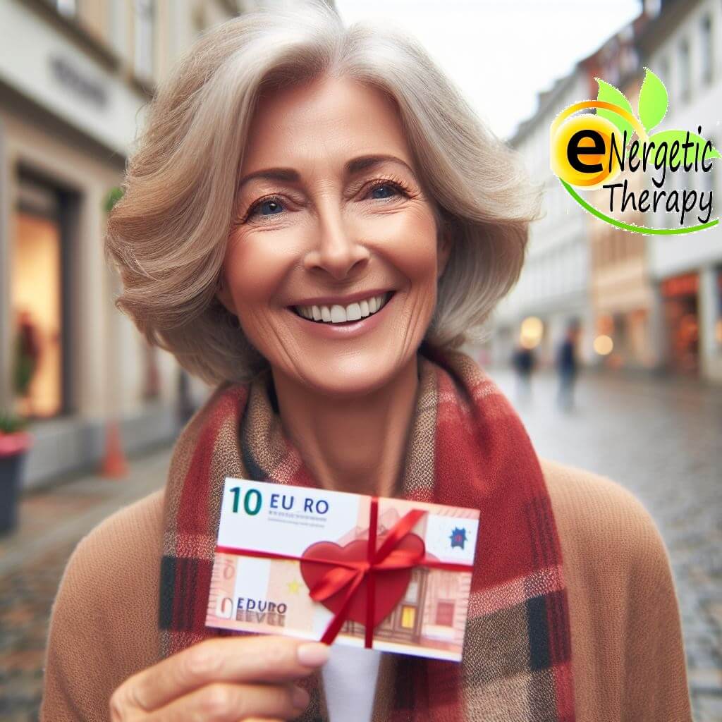 une femme souriante a reçu un bon de 10 €
